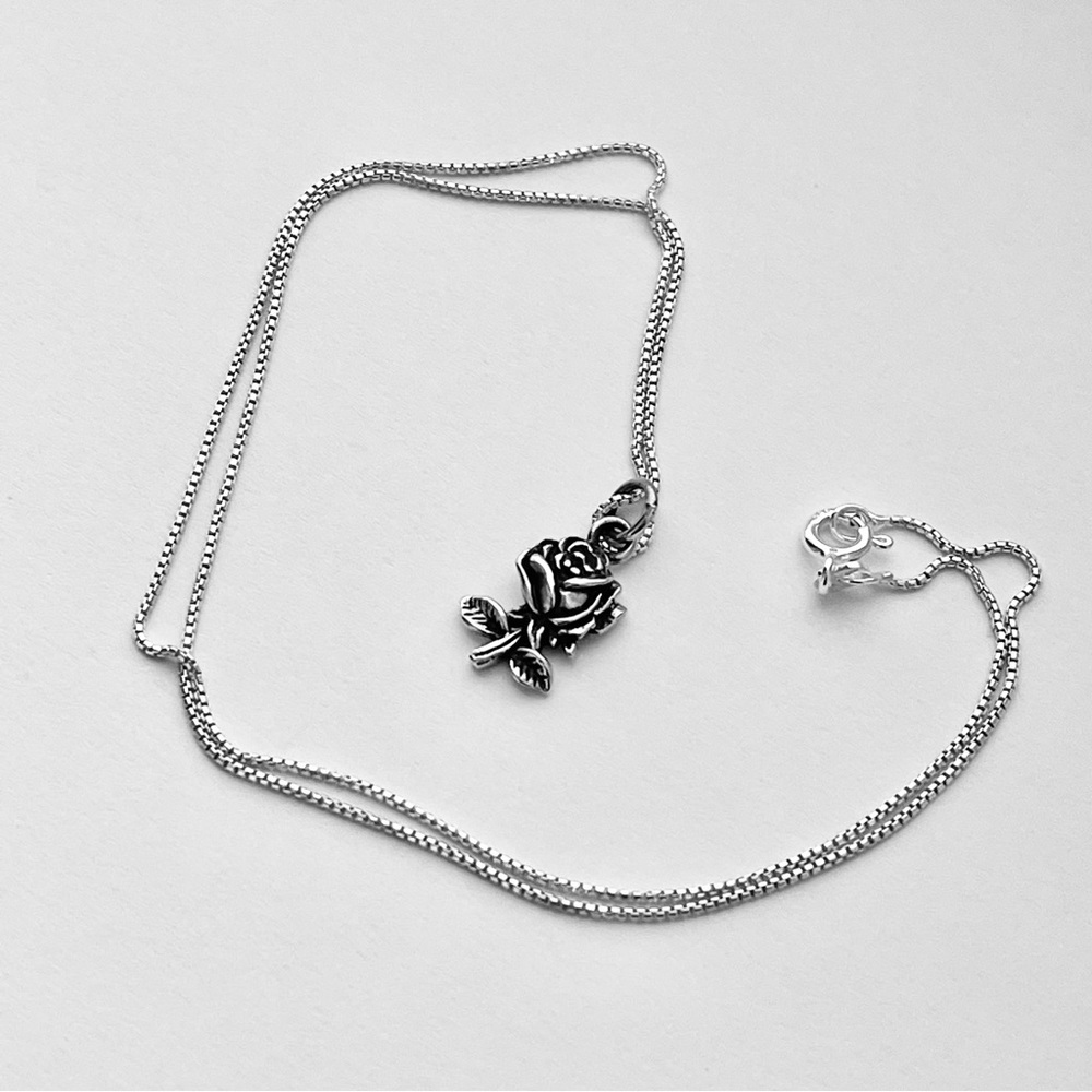 Sterling Silver Small Single Stem Rose Necklace, … - image 7